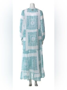 Antik Batik White Maxi Dress with Turquoise Block Print